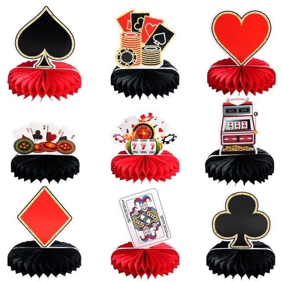 9 Pieces Casino Theme Party Decorations 3D Honeycomb Casino Table Centerpieces Game Night Adult Favor for Casino Poker Red & Black Birthday Party Supplies