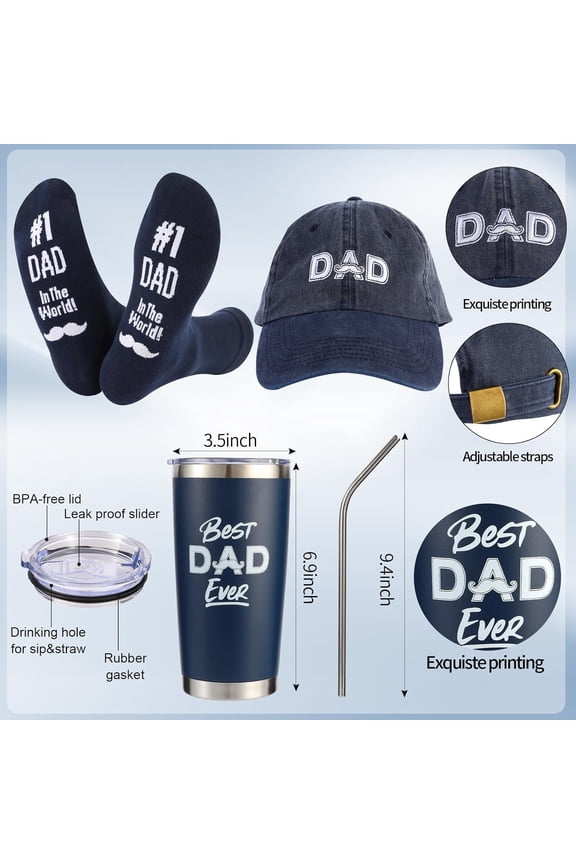 9 Pieces Dad Gift Set Best Dad Gifts for Father, Men with Tumbler Mens Socks Mens Baseball Cap Key Chain Card for Men Father Papa Christmas Gifts from Son Daughter (Navy Blue)