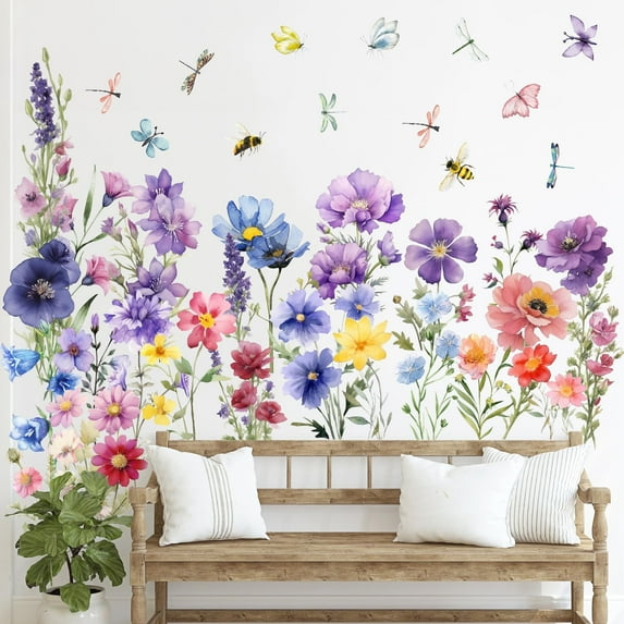 Neasyth Flowers Wall Decals Vinyl Flowers Wall Stickers Butterfly Spring Floral Wall Decals for Girls Bedroom Living Room