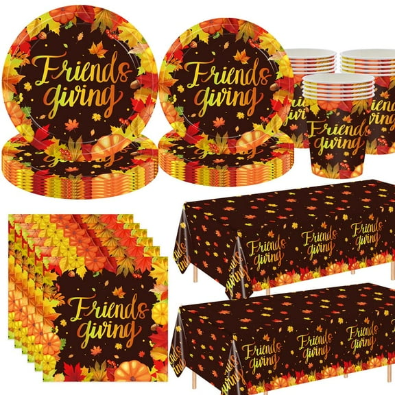 9 Pieces Friendsgiving Tableware Set Party Supplies, Maple Leaves Disposable Dinnerware Set, Include Paper Plates Cups Cutlery Napkins Tablecloth for Fall Autumn Harvest Party Supplies
