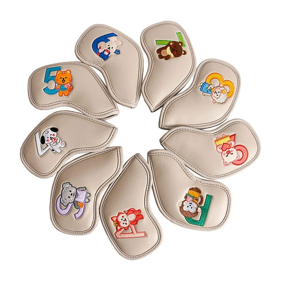 9 Pieces Golf Iron Headcover Golf Club Head Cover Number Tag Protective Golf Cue Beige