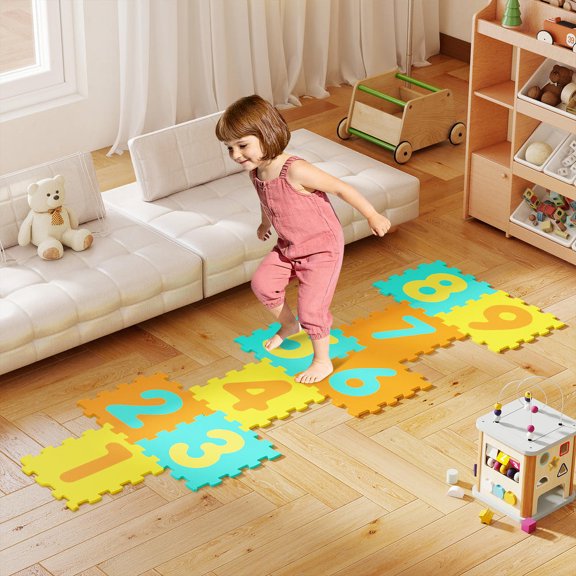 9 Pieces Interlocking Foam Puzzle Floor Mat with 3 Marker Discs, Yellow, Eva Foam, Non-Slip Play Mat
