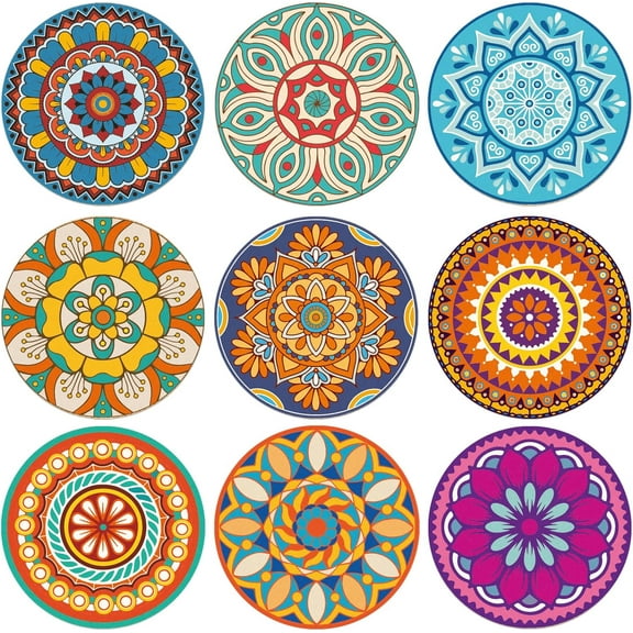 9 Pieces Mandala Wood Drink Coasters, 4" Flat Round Wood Printed Coasters Wood Cup Mats Set for Wooden Table, Home and Dining Room Decor, 5mm Thick