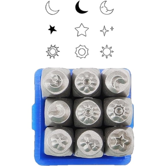 9 Pieces Metal Stamping Tool Set 1/8" (3mm), Steel Sun and Star Set Leather Stamp for Jewelry Making Craft