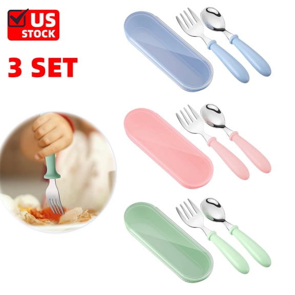 9 Pieces Mini Utensils Stainless Steel Fork and Spoon Set, Flatware Small Cutlery Set with Round Handle for LunchBox (Blue, Green, Pink)