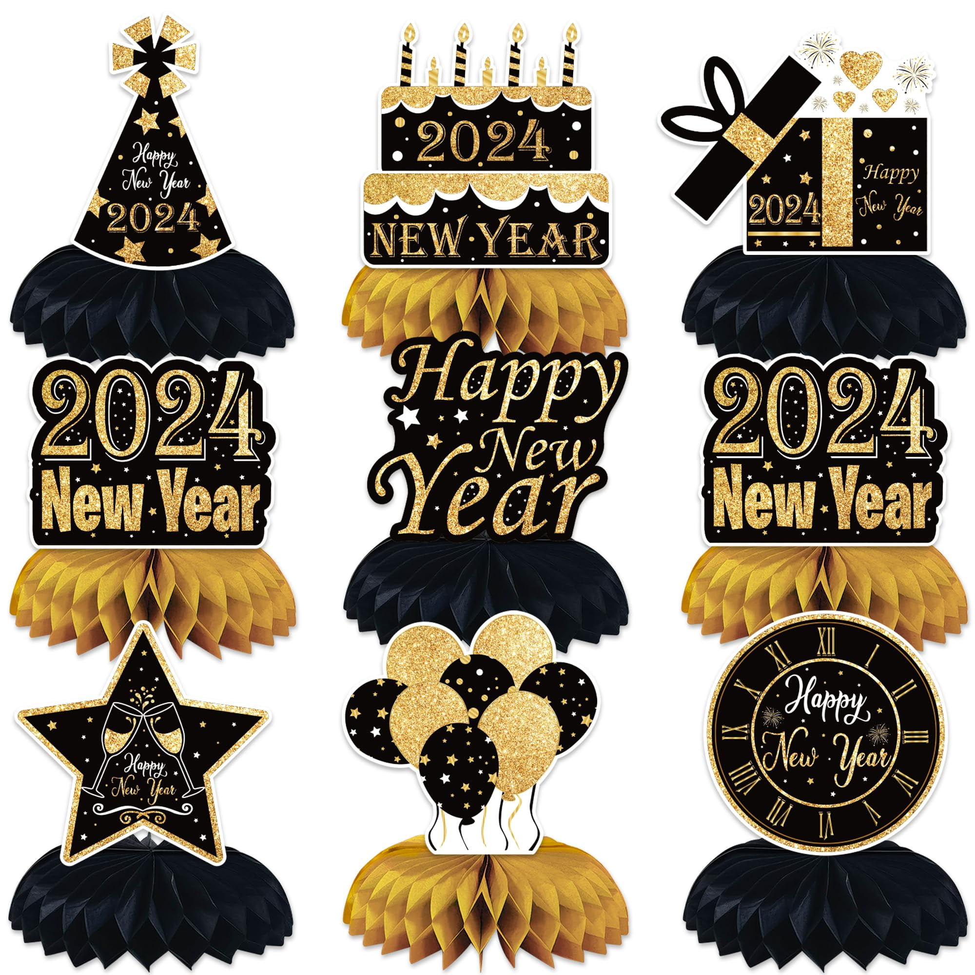 9 Pieces New Years Decorations, Black and Gold Happy New Year