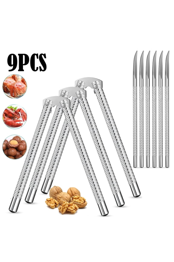 9 Pieces Nut Cracker Tool with 3 Nut Crackers and 6 Picks Stainless Steel Nutcracker Metal Shell Cracker for Seafood Nuts