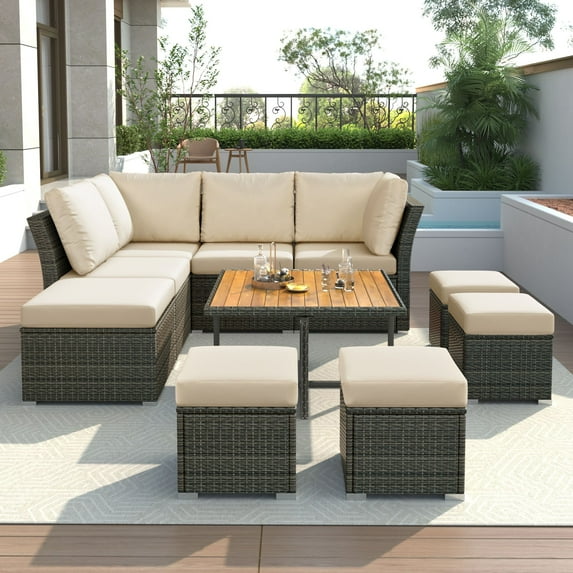 9 Pieces Outdoor Patio Furniture Set Outdoor Sectional Rattan Sofa Set Manual Wicker Patio Conversation Set with Ottomans, Solid Wood Coffee Table for Yard Deck Porch(Beige)