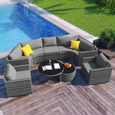 9 Pieces Outdoor Patio Sectional Sofa Set, All Weather Furniture Sets Half-Moon Sofa Set with Pillows, Wicker Sofa Set for Backyard Patio Garden, Gray