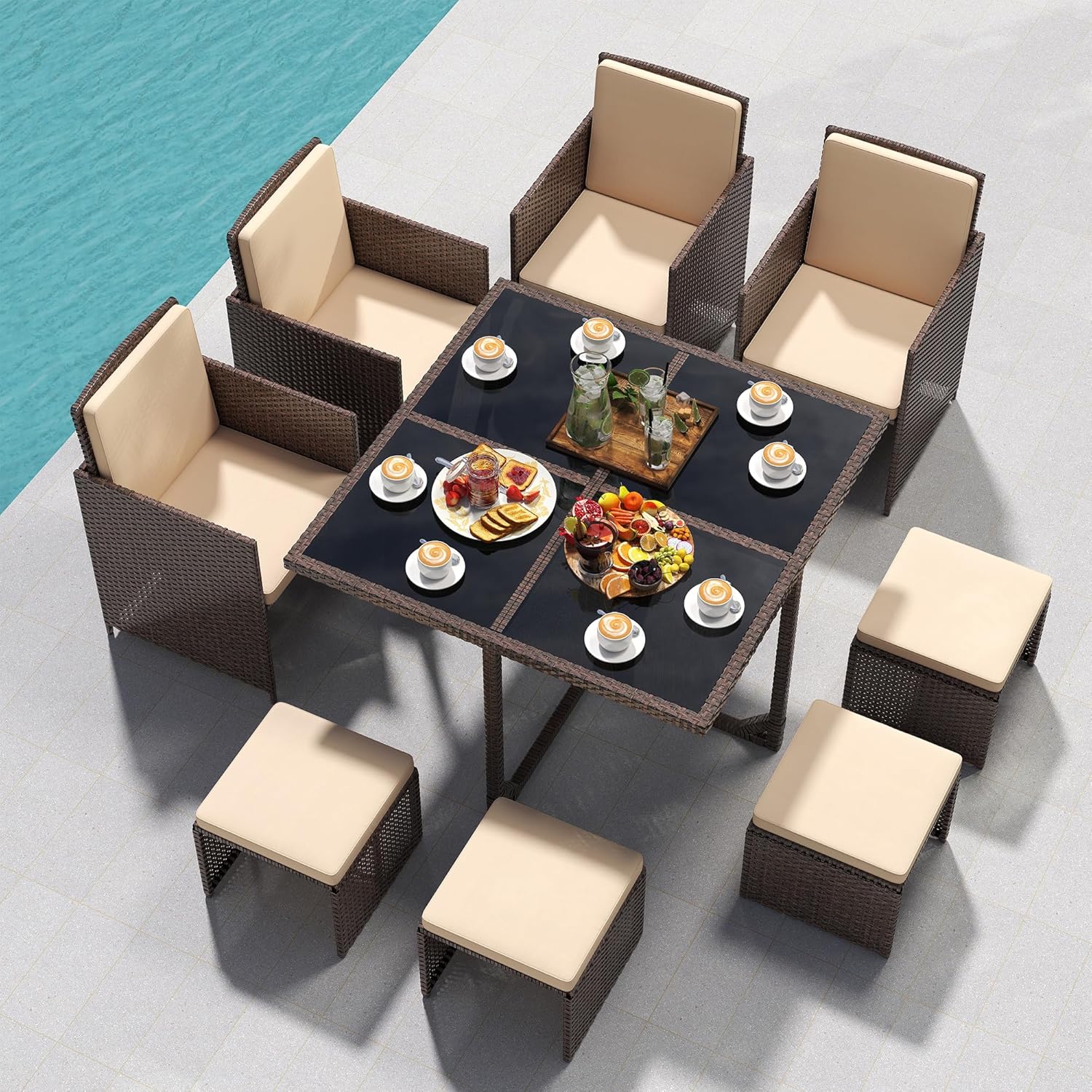 9 Pieces Patio Dining Furniture Sets, Outdoor Space Saving Rattan ...