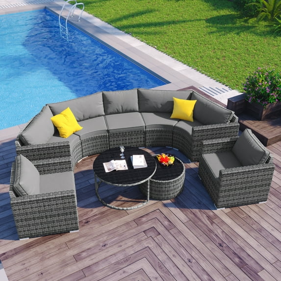 9 Pieces Patio Rattan Furniture Set, All-Weather PE Rattan Wicker Outdoor Patio Conversation Set Outdoor Half-Moon Sofa Set with Tempered Glass Table, Gray