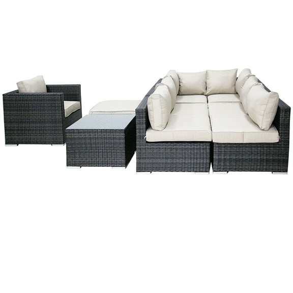 9 Pieces Patio Recliner Sofa Set, Aluminum Frame Full Assembled Outdoor Sectional Rattan Sofa Set, All Weather Mix Brown Wicker Conversation Set with Beige Cushions and Throw Pillows