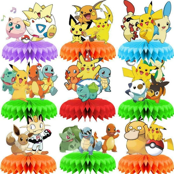 9 Pieces Pikachu Table Decorations Honeycomb Centerpieces for Tables 3D Pikachu Theme Decorations for Party Honeycomb Table Decors Decors for Birthday Favors Supplies