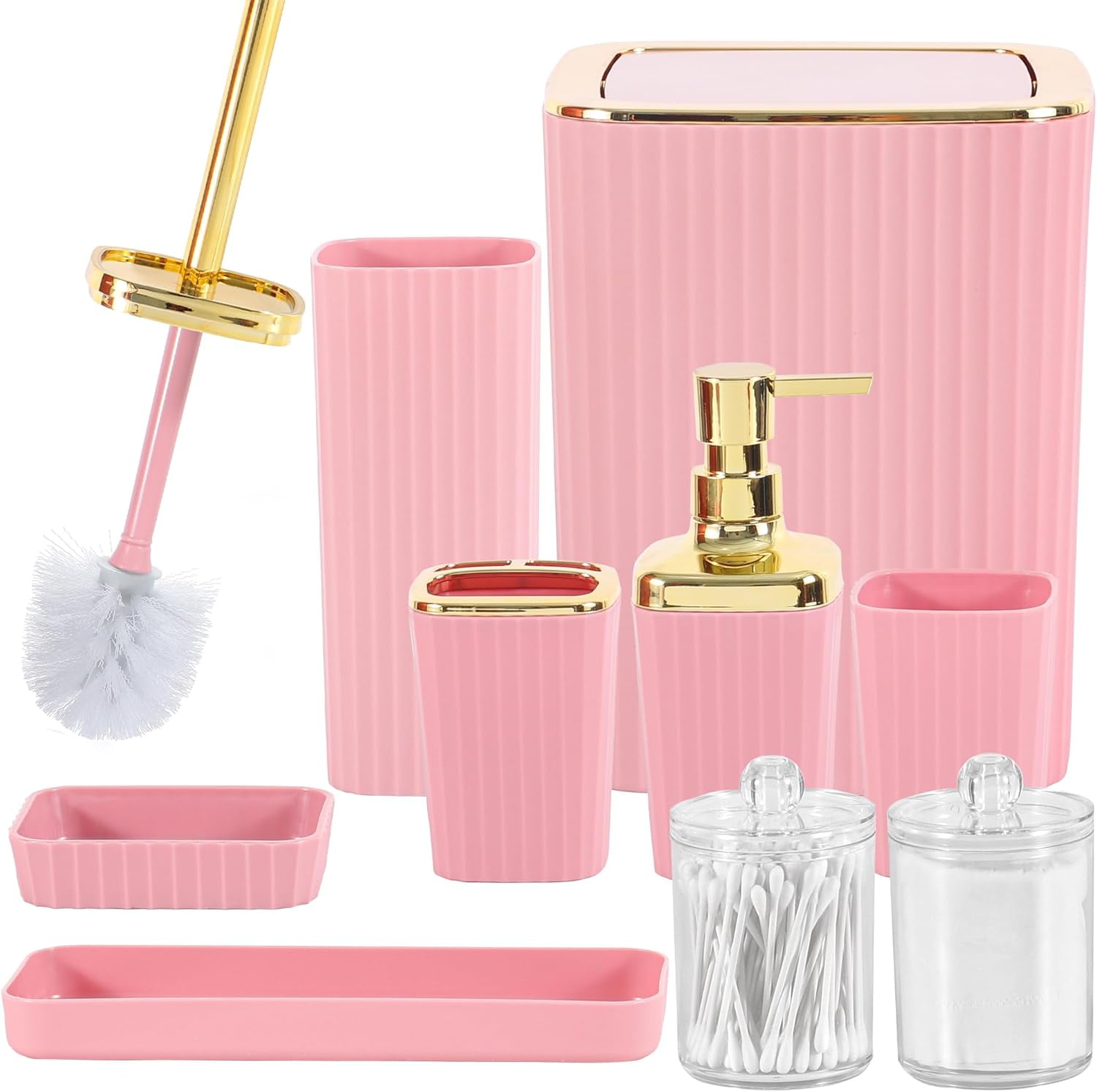 9 Piece Pink Plastic and Wood Bathroom Accessories Set