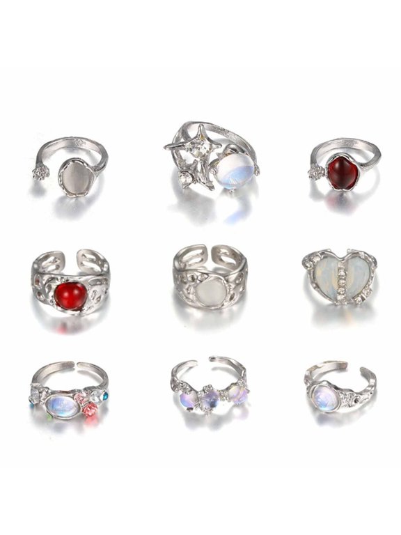 9 Pieces Silver Plated Irregular Moonstone Gemstones Rings for Women and Teens Crystal Rhinestones Opening Rings Jewelry