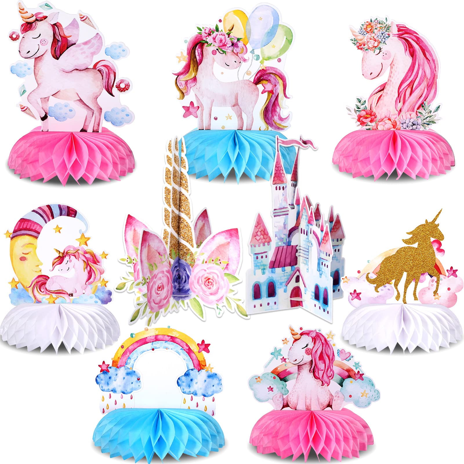 9 Pieces Unicorn Table Decorations Honeycomb Centerpiece Topper Shiny ...