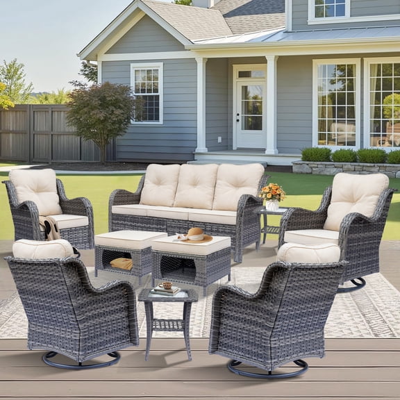 Fulljojor 9 Pieces Outdoor Patio Furniture Set, Rattan Wicker Sectional Swivel Rocker Chairs Sets