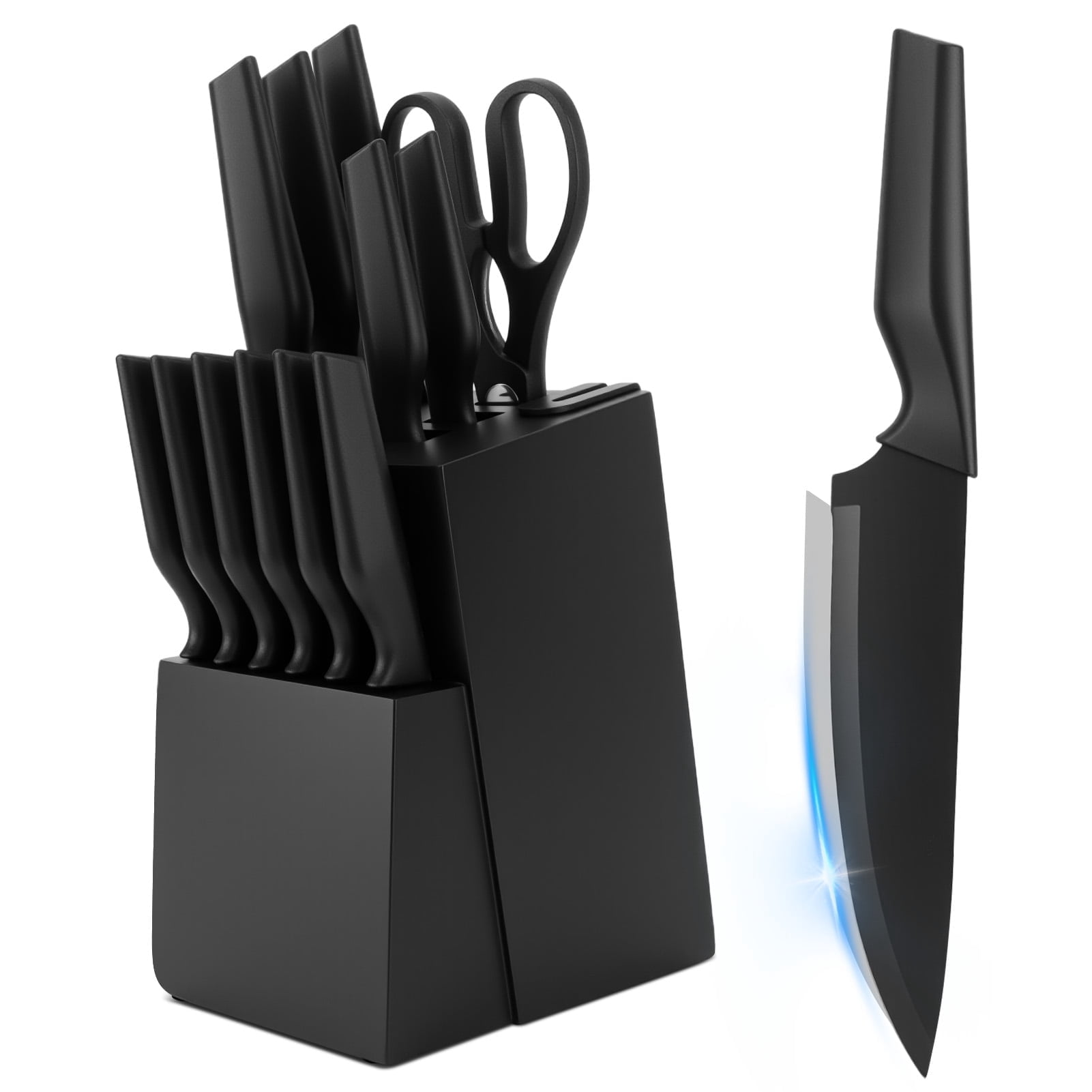 Tebru Kitchen Knife Set, 14 Pcs Knives Block Set with Built-in Sharpener, Healthy Anti-Rust Coating & Stainless Steel Knife Set, Dishwasher Safe Black