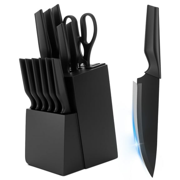 Tebru Kitchen Knife Set, 14 Pcs Knives Block Set with Built-in Sharpener, Healthy Anti-Rust Coating & Stainless Steel Knife Set, Dishwasher Safe Black