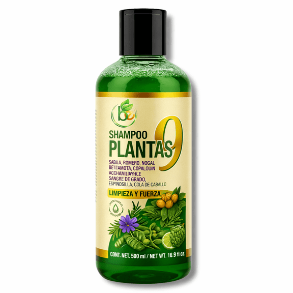 Herbal Shampoo 9-Plant – 16.9 fl oz – with Cacahuananche, Sangre de Grado, Bergamot, Aloe Vera (Sábila), Rosemary & More – Natural Botanical Formula – Paraben & Sodium-Free – Strengthens Hai