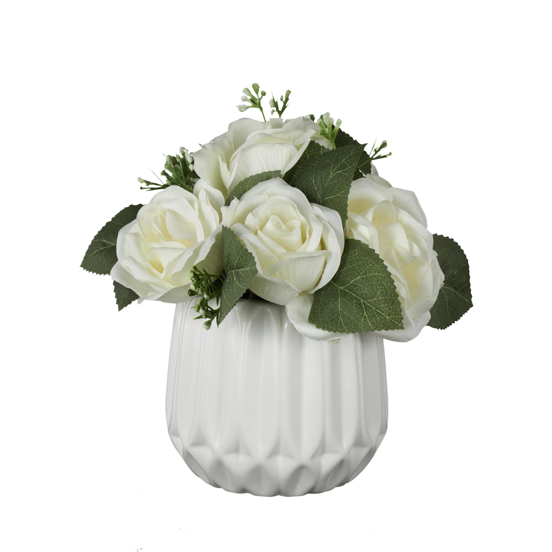 9" Plastic  Hydrangea and Pom Pom Artificial Flower in Green Leaves and Round Ceramic Vase, by DecMode