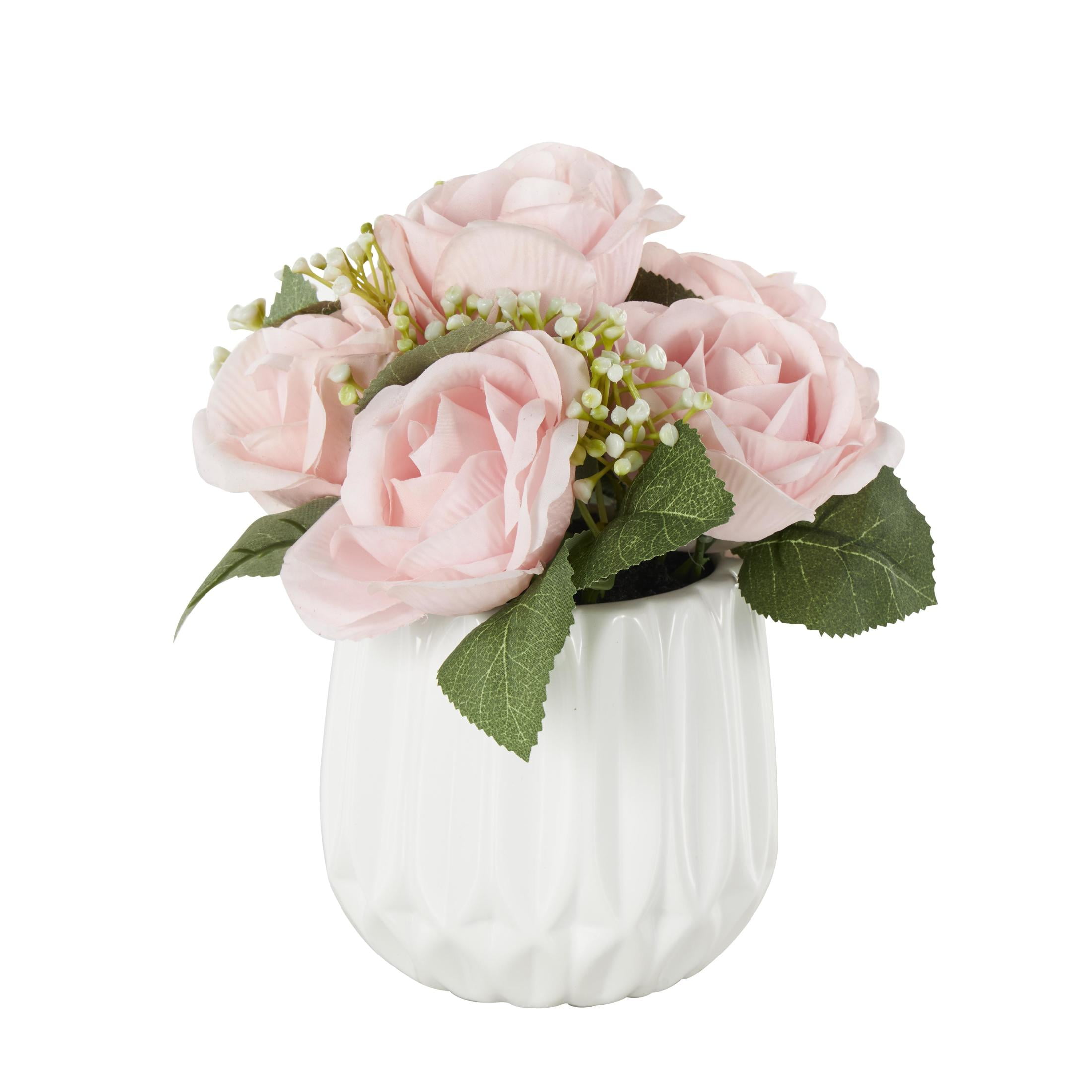9" Plastic  Hydrangea and Pom Pom Artificial Flower in Green Leaves and Round Ceramic Vase, by DecMode
