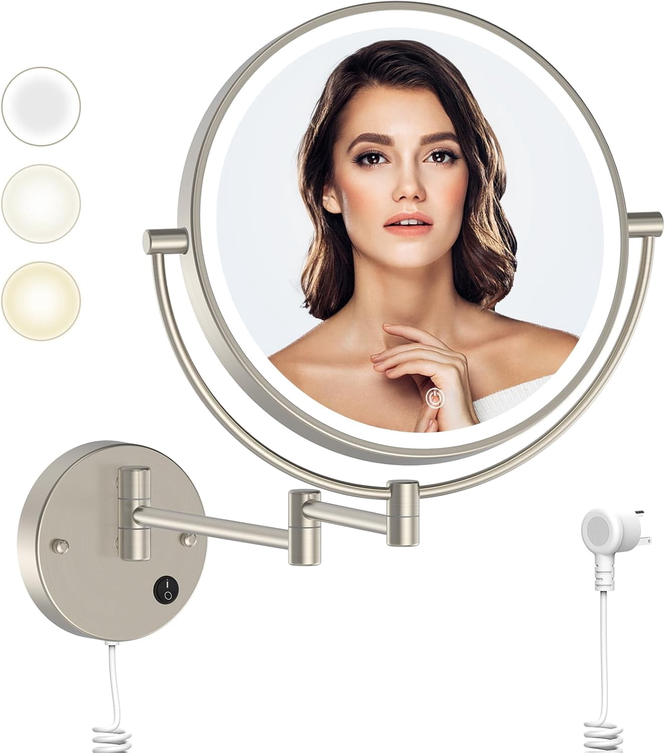 9" Plugin Wall Mounted Lighted Makeup Mirror with 1X/10X Magnification