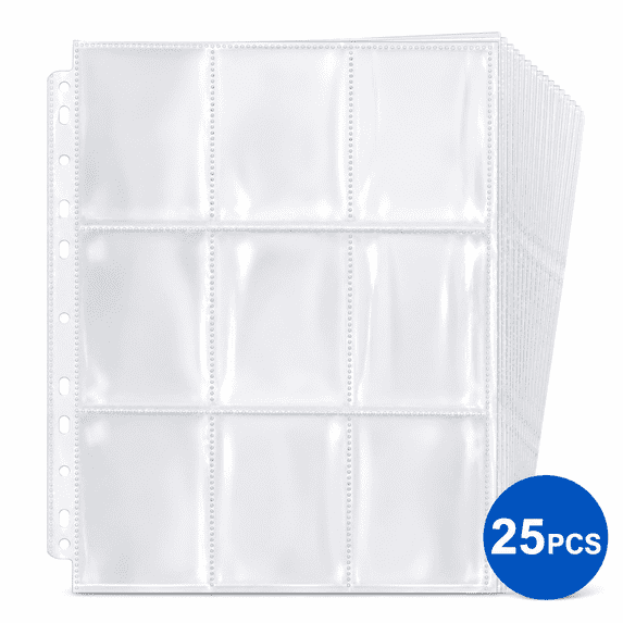 9 Pocket Page Protector, Trading Card Sleeves Pages Card Binder Double-sided Baseball Card Sheets for Standard Size Cards, Coupon, Sport Cards, Game Cards, Business Cards 25Pcs