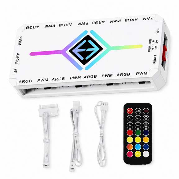QXWPBV 9 Port ARGB PWM PC Case Fan Hub, 5V 3 Pin, SATA Powered, White
