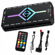 QXWPBV ARGB PWM PC Fan Hub Controller, 9-Port, 5V 3-Pin ARGB, 4-Pin PWM, SATA Powered, Remote Control, Black