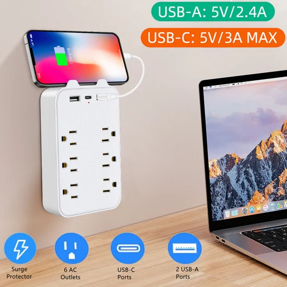 9-Port Surge Protector Wall Outlet Extender 6 Outlet Shelf 3 Usb Ports Socket Us