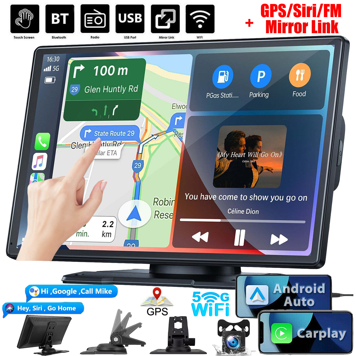 9" Portable Car Stereo Radio WIFI Wireless Apple Carplay Android Auto