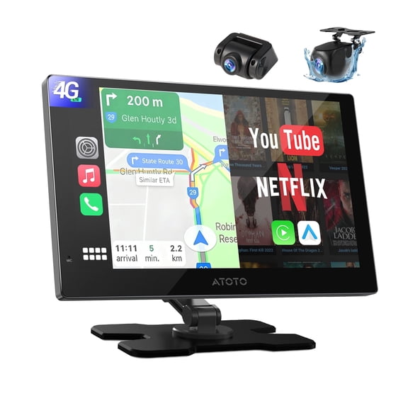 9" Portable Carplay Screen 4G LTE Smart Driving Display with BackupCam & DashCam Wireless CarPlay & Android Auto