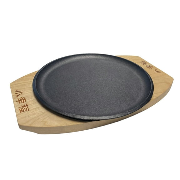Aa2Zee 9" Pre-seasoned Premium Cast Iron Fajita Sizzling Platter with Wooden Base - CIFPL0809BLK