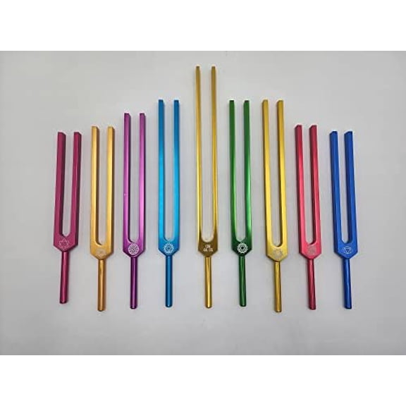 9 Professional Complete Unweighted Color Coded Chakra Tuning Fork Set with Individual Drawstring Pouches and Strikers for Sound Healing$$Music