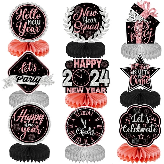 9 Psc Happy New Year Rose Gold Glitter Honeycomb Centerpieces, 3D New Year Theme Table Toppers for 2024 New Year Eve Party Supplies