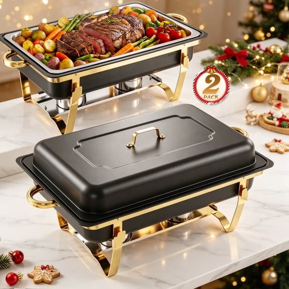 CATGOOD 9QT Black Gold Chafing Dish Buffet Set 2 Pack, Stainless Steel Chafing Dishes for Buffet, Buffet Warmer with Scratch-Resistant Coating, Food Warmers for Parties, Buffet Restaurants