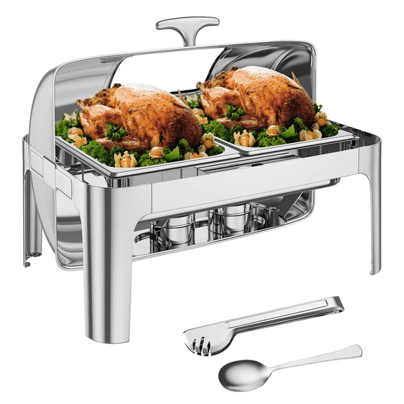 9 QT Roll Top Chafing Dish Buffet Set,Food-Grade Stainless Steel Commercial Chafer for Catering,and Weddings,Visible Lid,[2 Half Sized Pans]Included