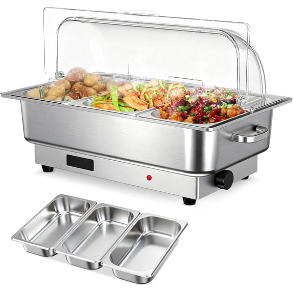 9-Qt Stainless Steel Electric Chafing Dish with 3 One-Third-Size Pans 400W Heating and Clear Roll-Top Lid