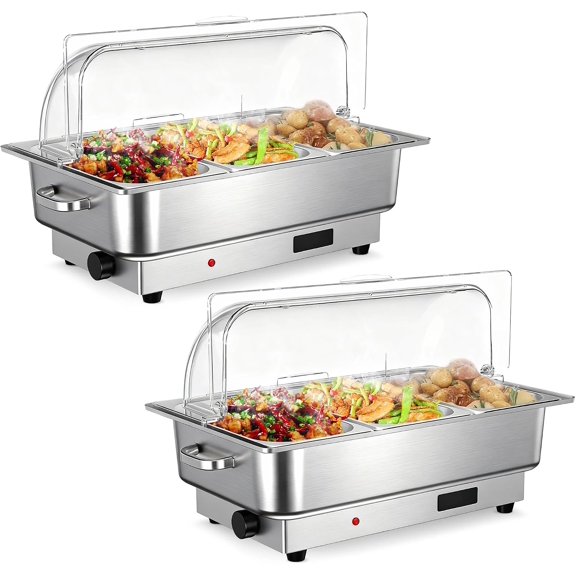 9-Qt Stainless Steel Electric Chafing Dish with 3 One-Third-Size Pans 400W Heating and Clear Roll-Top PC Lid