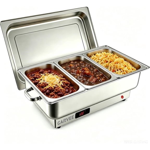 9-Qt Stainless Steel Electric Chafing Dish with 3 One-Third-Size Pans 400W Heating and Stainless Steel Lid