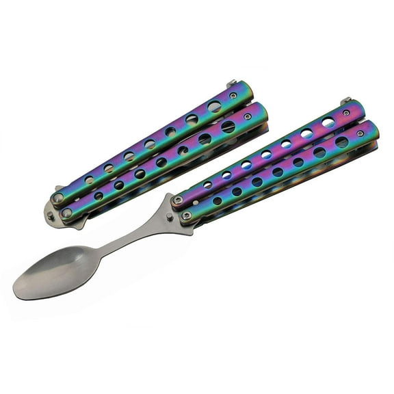 SZCO Supplies 9 Rainbow Finish Folding Camping Spoon Stainless Steel Travel and Picnic Utensil
