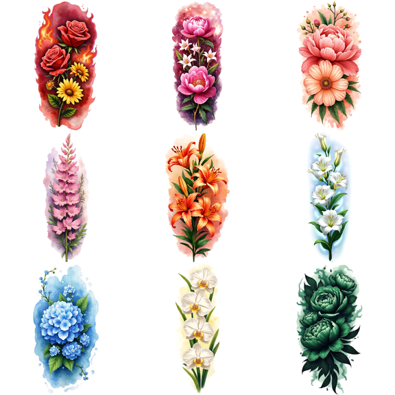 9 Realistic Temporary Tattoos Waterproof Long Lasting Body Stickers Plants Daffodils Roses Peonies Adult Women Tattoo Stickers Arms Legs Thighs Back Shoulders