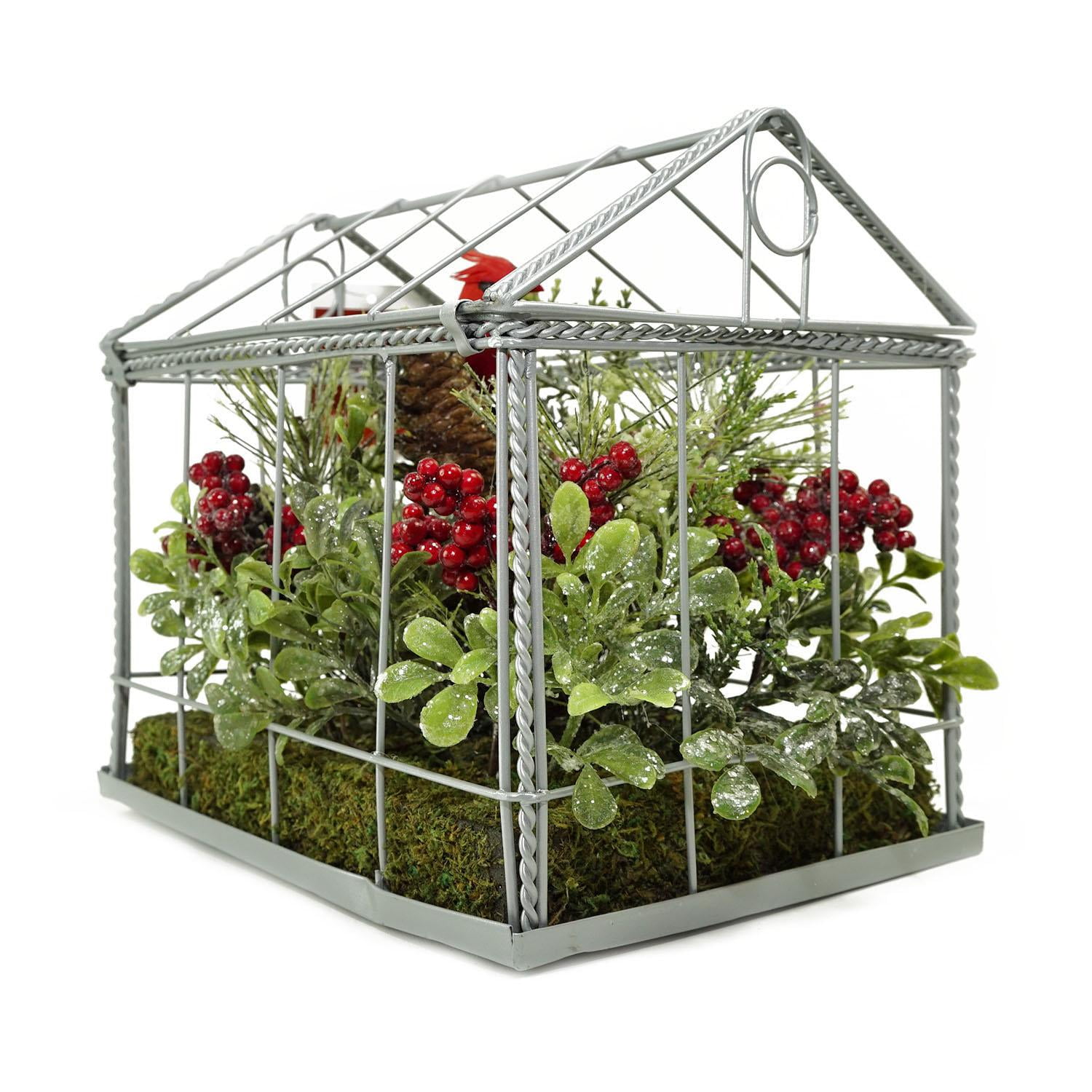 9" Red Cardinal Boxwood and Berry Artificial Christmas Greenhouse Arrangement