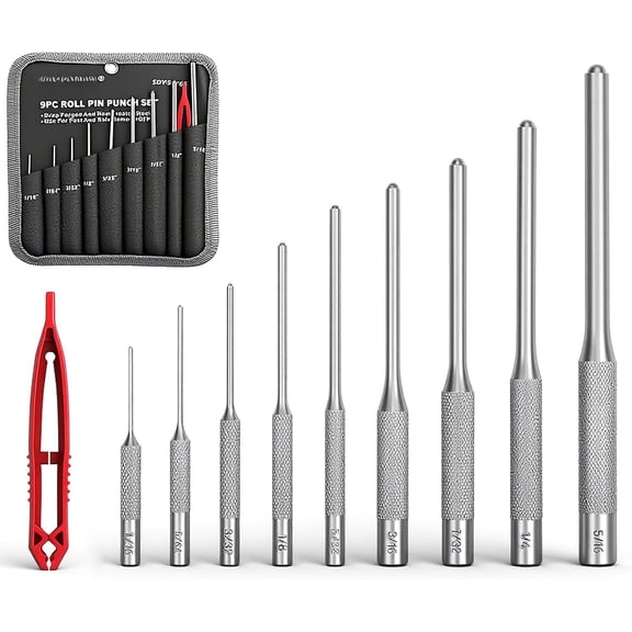 9- Roll Pin Punch Set -  Pin Removal - Durable Steel & Construction - For Automotive, Firearm Maintenance, Watch,  & Craft Repair - Knurled Grip - Versatile Sizes