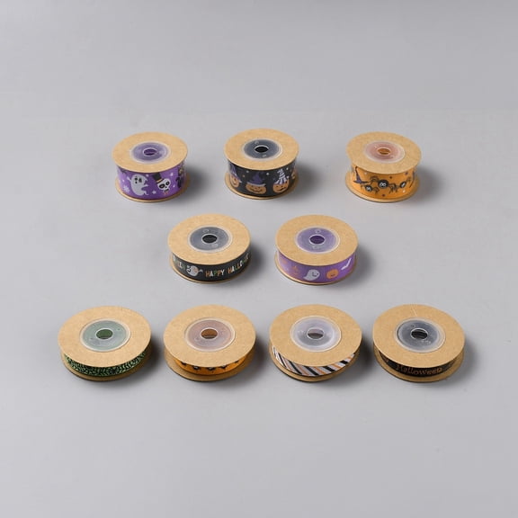 9 Rolls 45 Yards Halloween Ribbon Wired Polyester 3/8-1 Inch Halloween Decorative Wrapping Ribbon Bat Spider Web Witch Hat Ghost Pumpkin Ribbon