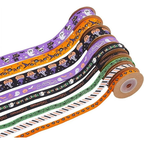 9 Rolls 45 Yards Ribbon Wired Polyester 3/8-1 Inch Decorative Wrapping Ribbon Bat Spider Web Hat Pumpkin Ribbon for Party Gift Wrapping 5 Yards Each Roll for DIY