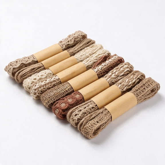 9 Rolls Natural Jute Ribbon, 2M Each Assorted Burlap Twine with Lace & Sequin, Rustic Craft Wrap for Gift Florist DIY.