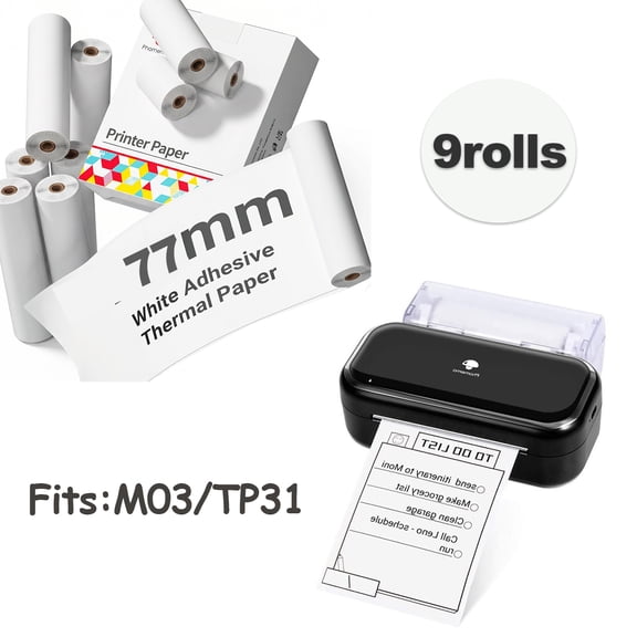 [9 Rolls] PHOMEMO 77mm Wide Sticker Printer Paper, Compatible with M03 M04S M832 M835 TP31 M833 M834, Self-Adhesive Thermal Paper for Home Storage, Scrapbooking, DIY Crafts