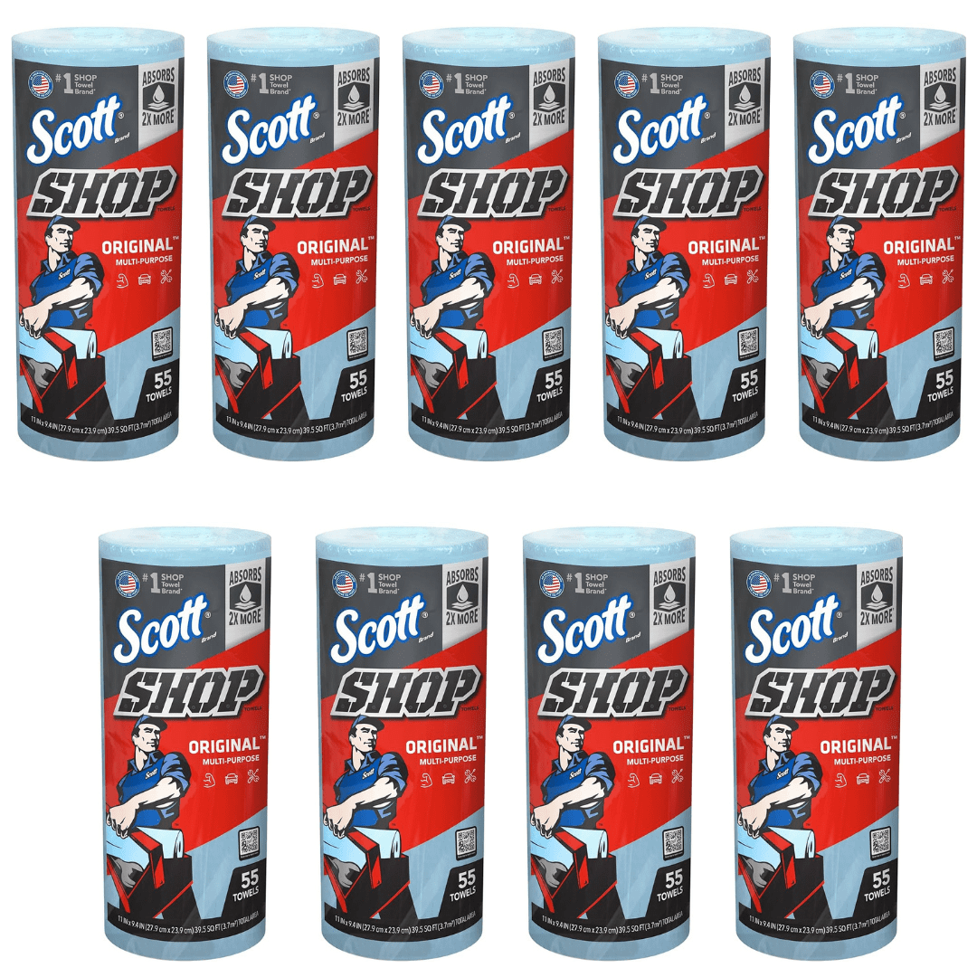 9 Rolls Scott Original Blue Shop Towels,  55 Sheets per Roll, Blue Paper Towels, Total of 495 Sheets of Scott Shop Towels